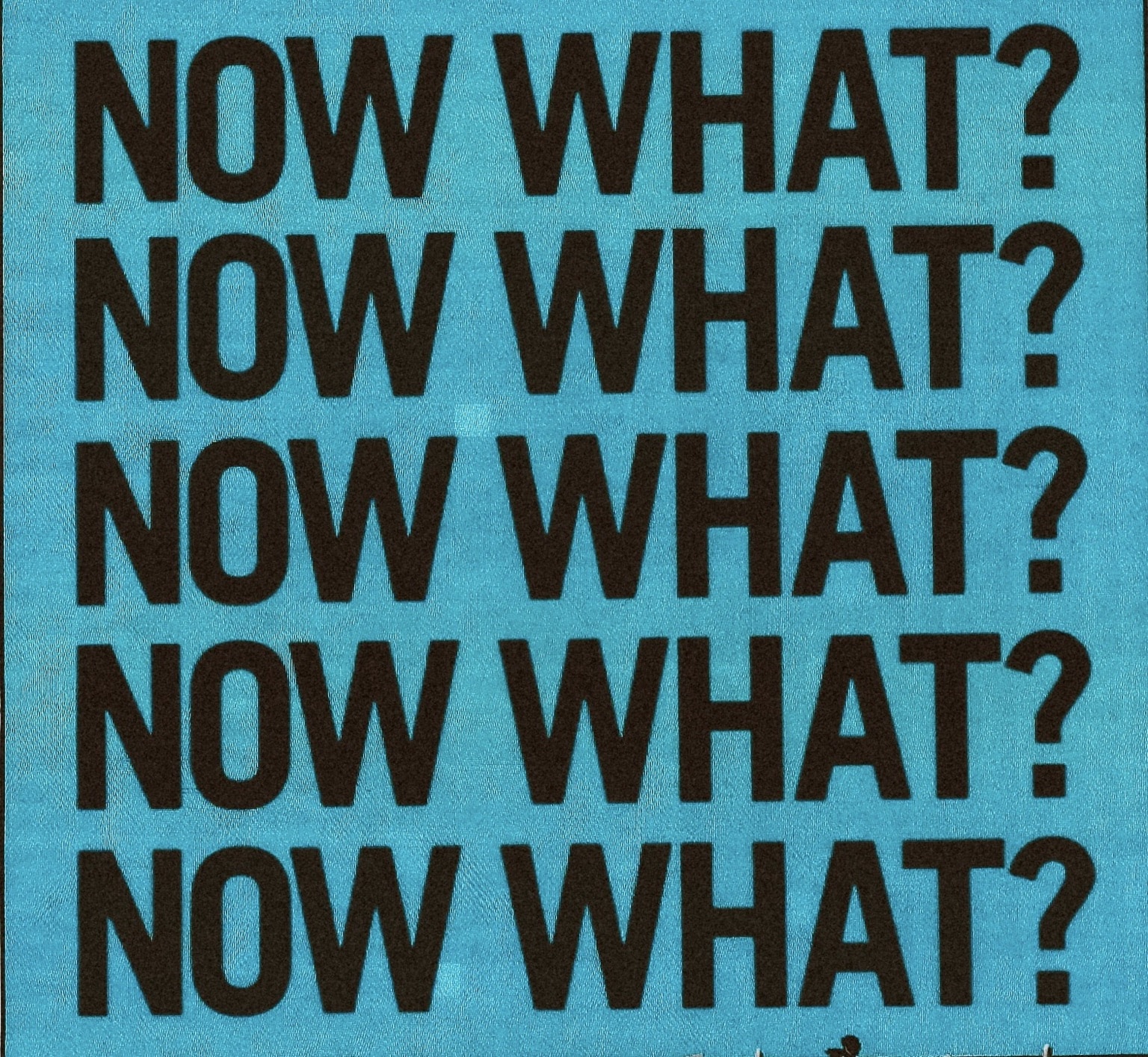 The words NOW WHAT? repeated in black on a turquoise background.